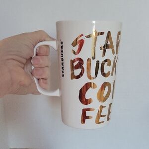2015 Starbucks 16 Oz Ceramic Coffee Mug Cup White Gold Graffiti Lettering Tea